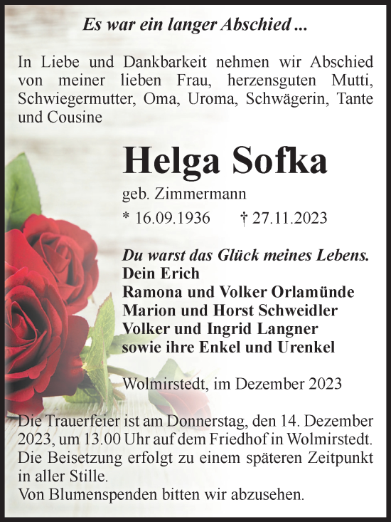 Traueranzeige von Helga Sofka von Volksstimme Haldensleben/Wolmirstedt
