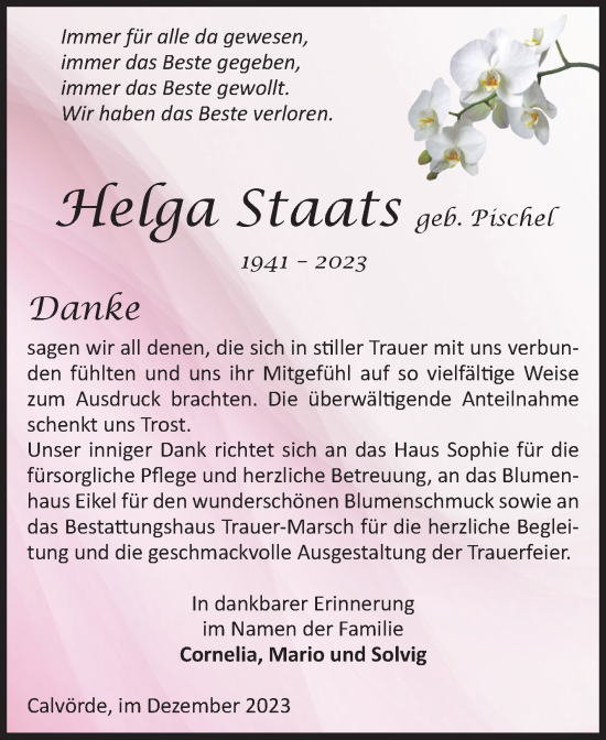 Traueranzeige von Helga Staats von Volksstimme Haldensleben/Wolmirstedt