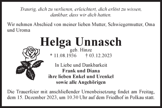 Traueranzeige von Helga Unnasch von Volksstimme Altmark Ost