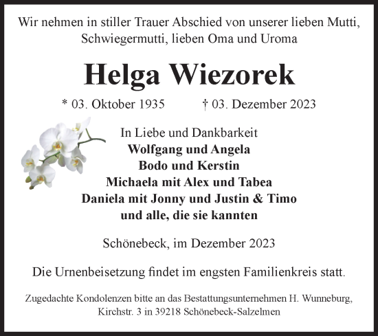 Traueranzeige von Helga Wiezorek von Volksstimme Schönebeck