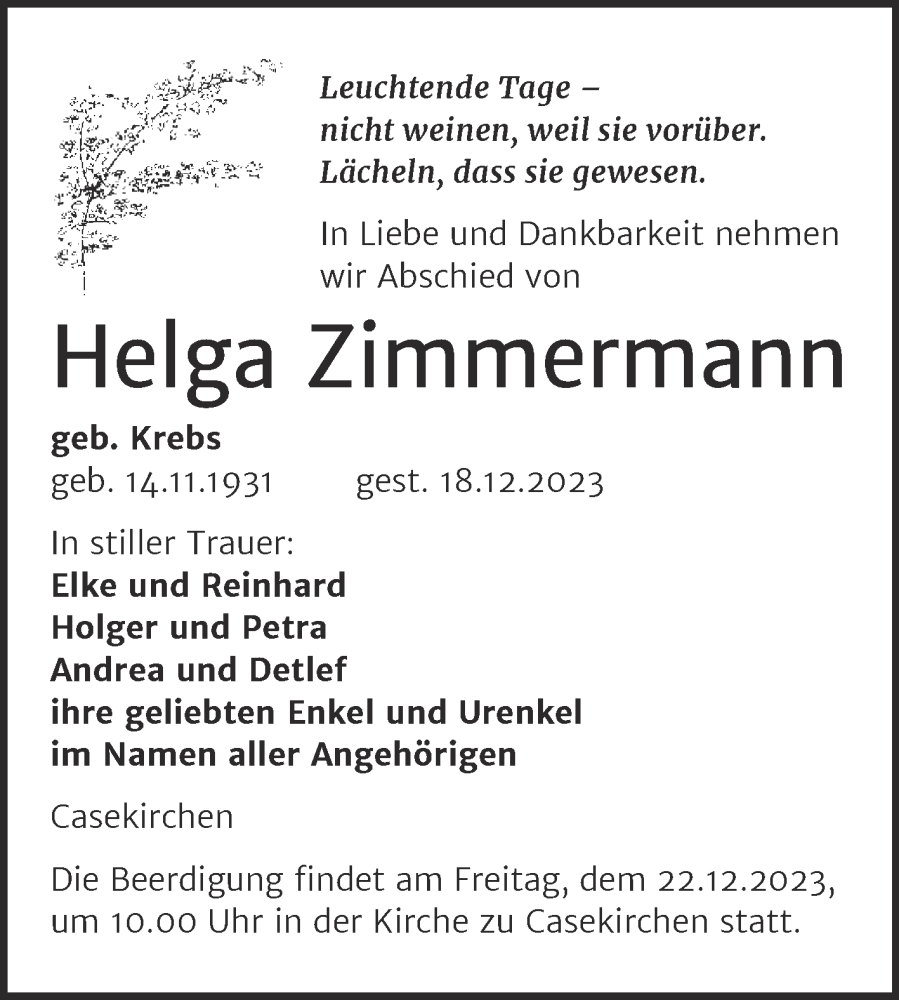  Traueranzeige für Helga Zimmermann vom 20.12.2023 aus Naumburger Tageblatt