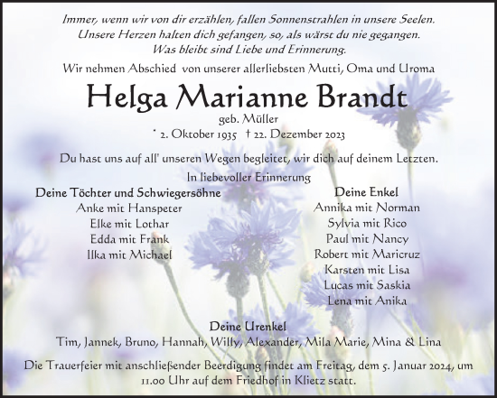 Traueranzeige von Helga Marianne Brandt von Volksstimme Altmark Ost