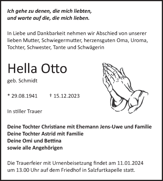Traueranzeige von Hella Otto von Trauerkombi Bitterfeld