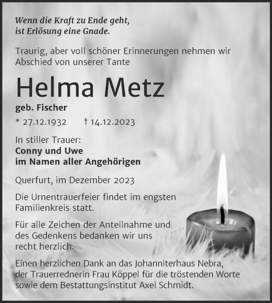 Traueranzeige von Helma Metz von Trauerkombi Merseburg