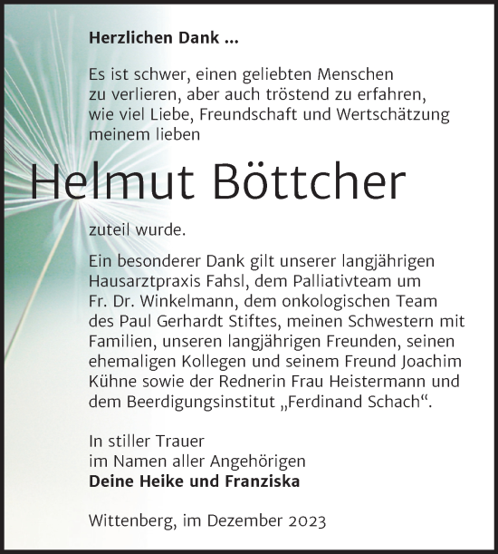 Traueranzeige von Helmut Böttcher von Trauerkombi Wittenberg