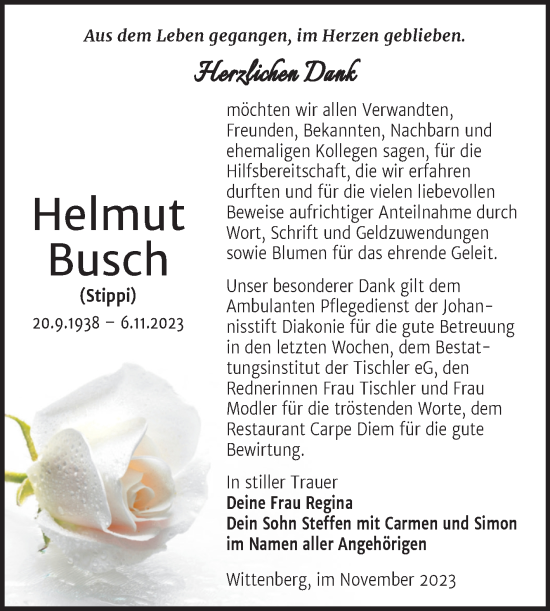 Traueranzeige von Helmut Busch von Trauerkombi Wittenberg