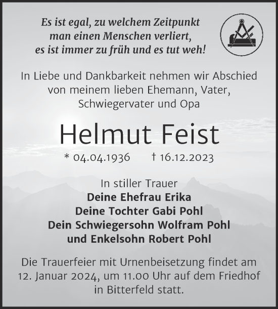 Traueranzeige von Helmut Feist von Trauerkombi Bitterfeld