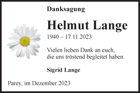 Traueranzeige von Helmut Lange von Volksstimme Burg/Genthin