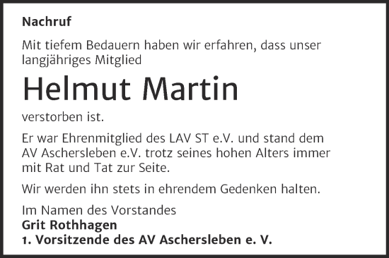 Traueranzeige von Helmut Martin von Trauerkombi Aschersleben