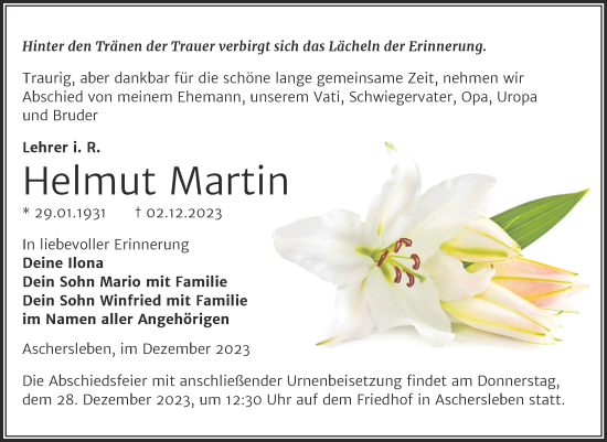 Traueranzeige von Helmut Martin von Trauerkombi Aschersleben