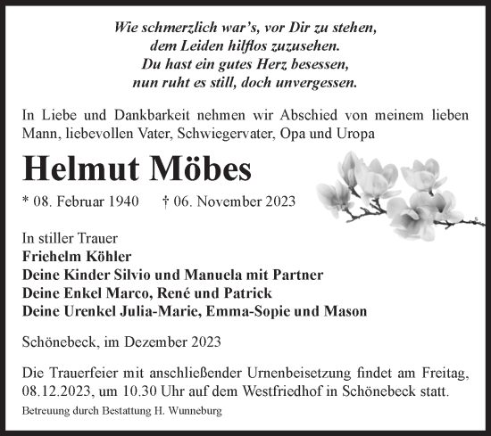 Traueranzeige von Helmut Möbes von Volksstimme Schönebeck