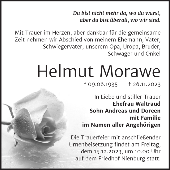 Traueranzeige von Helmut Morawe von Trauerkombi Bernburg