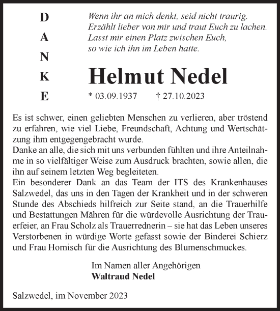 Traueranzeige von Helmut Nedel von Volksstimme Altmark West