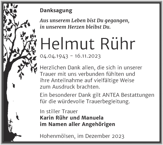 Traueranzeige von Helmut Rühr von Trauerkombi Weißenfels