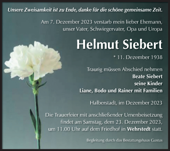 Traueranzeige von Helmut Siebert von Volksstimme Halberstadt