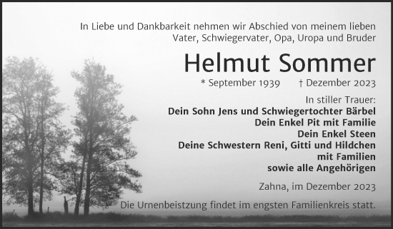 Traueranzeige von Helmut Sommer von Trauerkombi Wittenberg