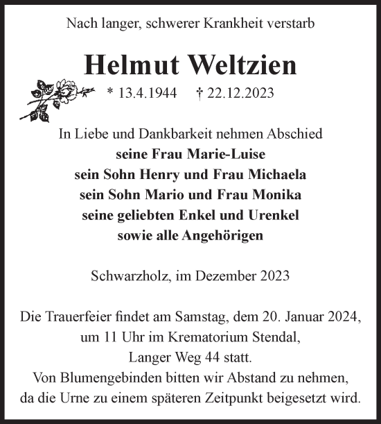 Traueranzeige von Helmut Weltzien von Volksstimme Altmark Ost
