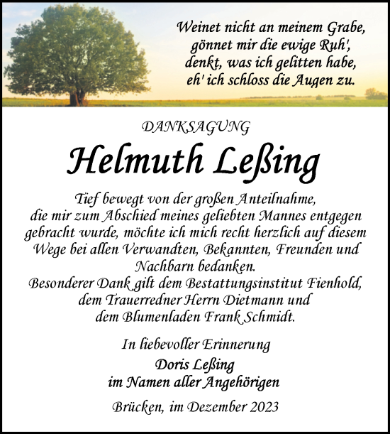 Traueranzeige von Helmuth Leßing von Trauerkombi Sangerhausen