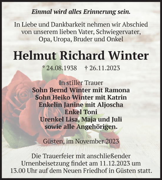 Traueranzeige von Helmut Richard Winter 