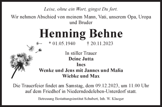 Traueranzeige von Henning Behne von Volksstimme Magdeburg