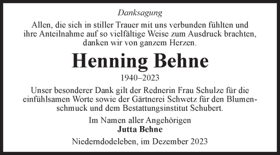 Traueranzeige von Henning Behne von Volksstimme Magdeburg