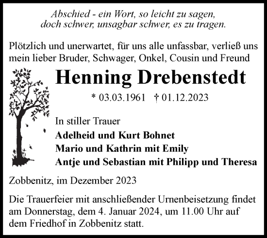 Traueranzeige von Henning Drebenstedt von Volksstimme Haldensleben/Wolmirstedt