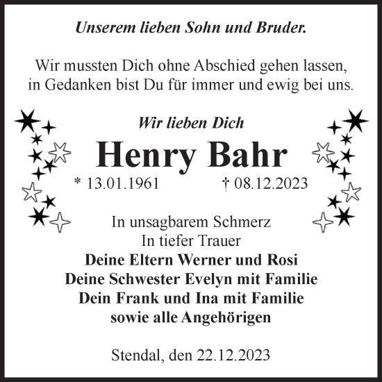 Traueranzeige von Henry Bahr von Volksstimme Altmark Ost