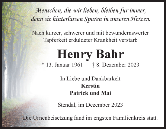 Traueranzeige von Henry Bahr von Volksstimme Altmark Ost