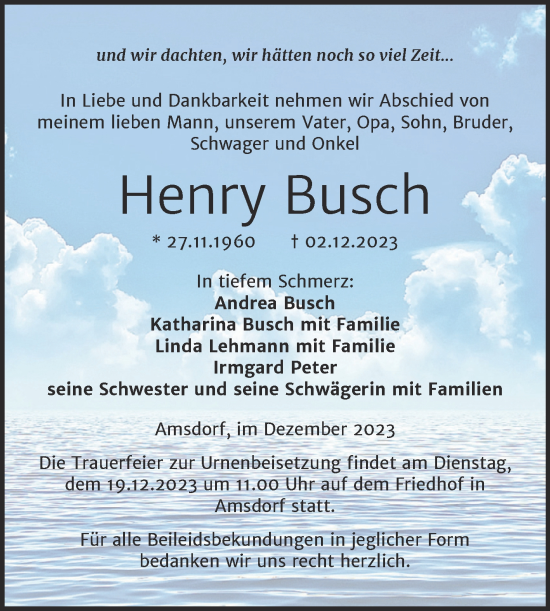 Traueranzeige von Henry Busch von Trauerkombi Mansfelder Land
