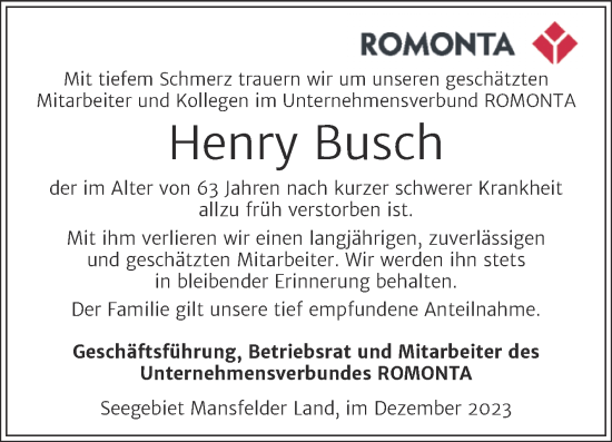 Traueranzeige von Henry Busch von Mitteldeutsche Zeitung Mansfelder Land