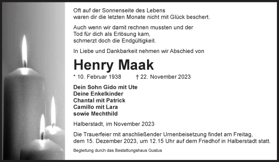 Traueranzeige von Henry Maak von Volksstimme Halberstadt