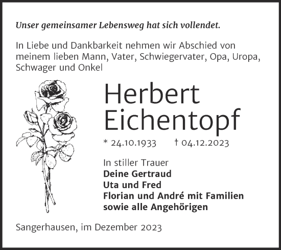 Traueranzeige von Herbert Eichentopf von Trauerkombi Sangerhausen