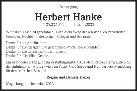 Traueranzeige von Herbert Hanke von Volksstimme Magdeburg