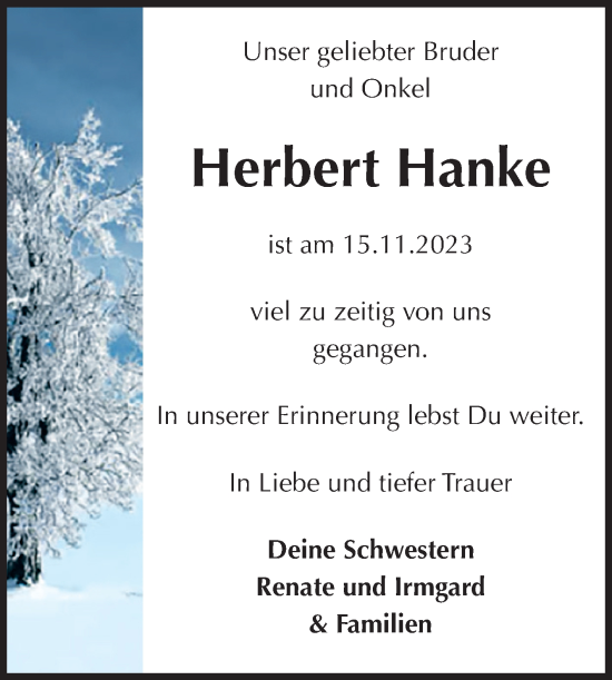 Traueranzeige von Herbert Hanke von Volksstimme Magdeburg