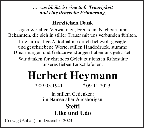 Traueranzeige von Herbert Heymann von Trauerkombi Wittenberg