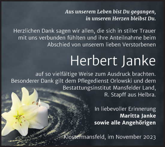 Traueranzeige von Herbert Janke von Trauerkombi Mansfelder Land