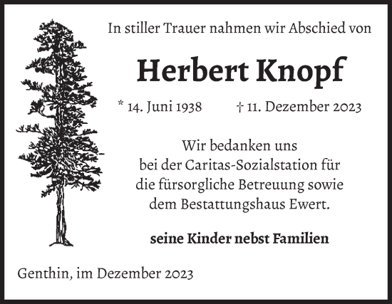 Traueranzeige von Herbert Knopf von Volksstimme Burg/Genthin