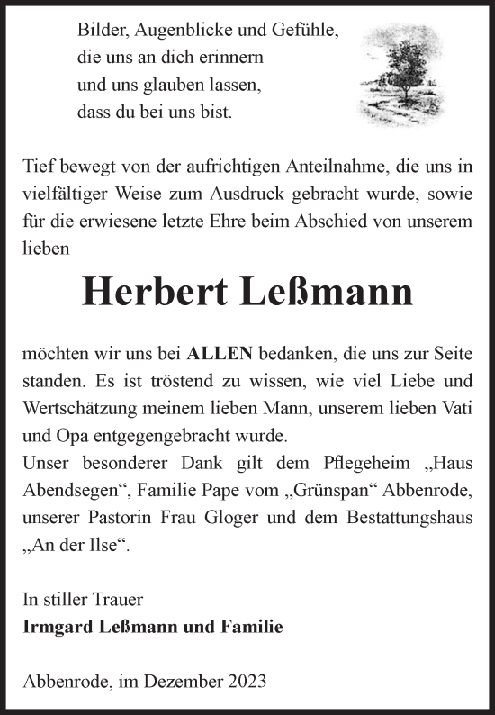 Traueranzeige von Herbert Leßmann von Volksstimme Wernigerode