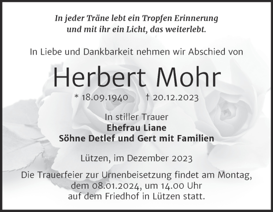 Traueranzeige von Herbert Mohr von Trauerkombi Weißenfels