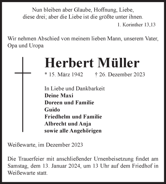 Traueranzeige von Herbert Müller von Volksstimme Altmark Ost