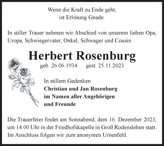 Traueranzeige von Herbert Rosenburg von Volksstimme Oschersleben/Wanzleben