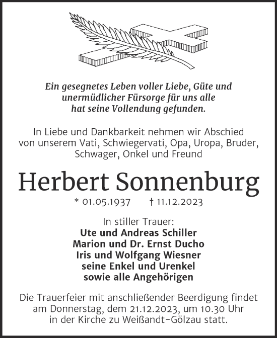 Traueranzeige von Herbert Sonnenburg von Trauerkombi Köthen