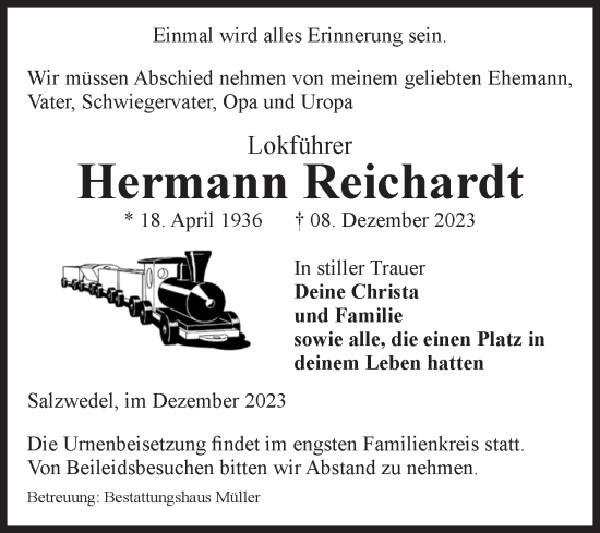 Traueranzeige von Hermann Reichardt von Volksstimme Altmark West