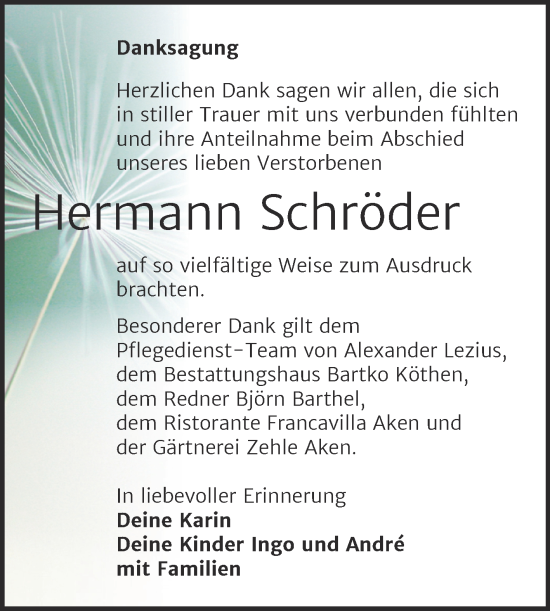 Traueranzeige von Hermann Schröder von Trauerkombi Köthen