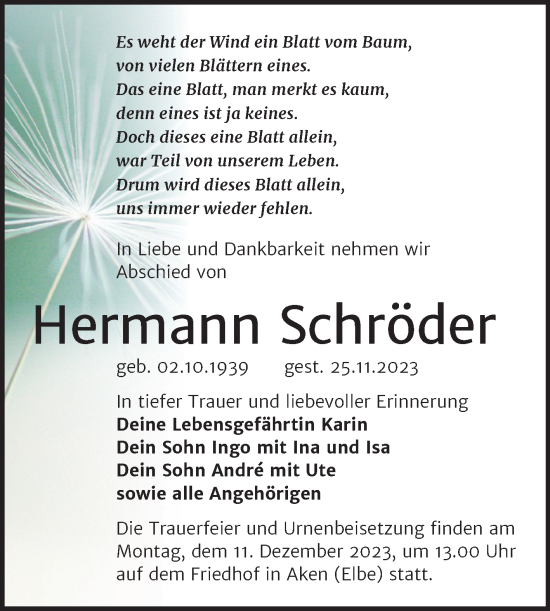 Traueranzeige von Hermann Schröder von Trauerkombi Köthen