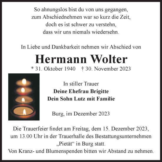 Traueranzeige von Hermann Wolter von Volksstimme Burg/Genthin