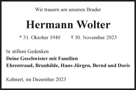 Traueranzeige von Hermann Wolter von Volksstimme Altmark Ost