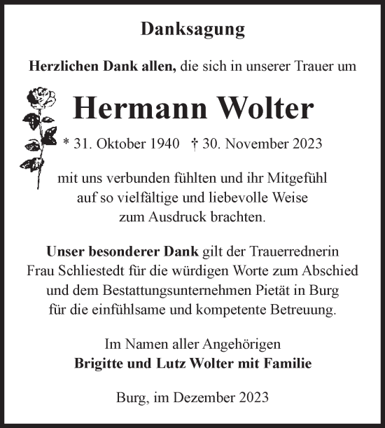 Traueranzeige von Hermann Wolter von Volksstimme Burg/Genthin