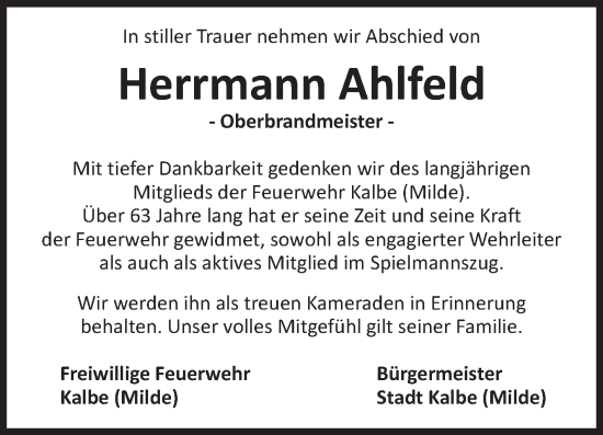 Traueranzeige von Herrmann Ahlfeld von Volksstimme Altmark West