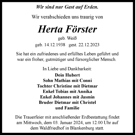 Traueranzeige von Herta Förster von Volksstimme Wernigerode